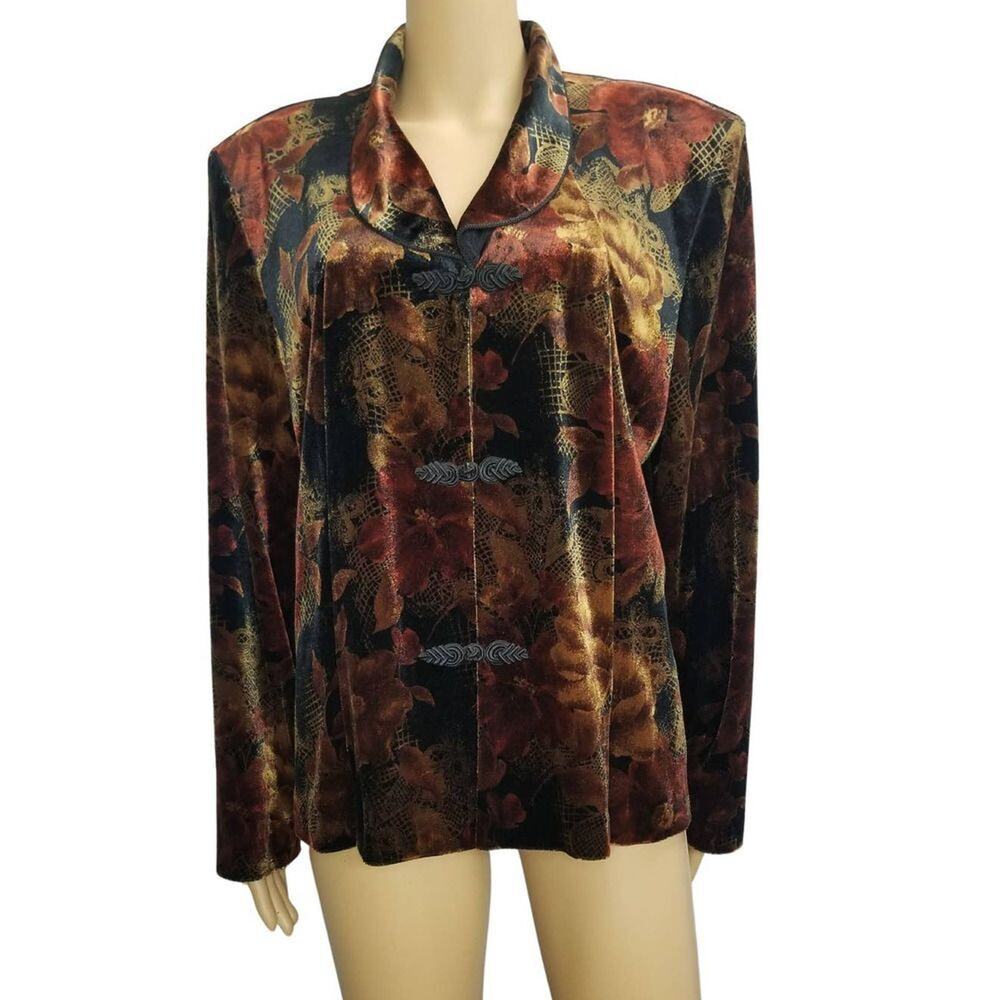 Stretch Velvet Floral Blazer Frog Closures Shoulder Pads Velour Soft Size 18